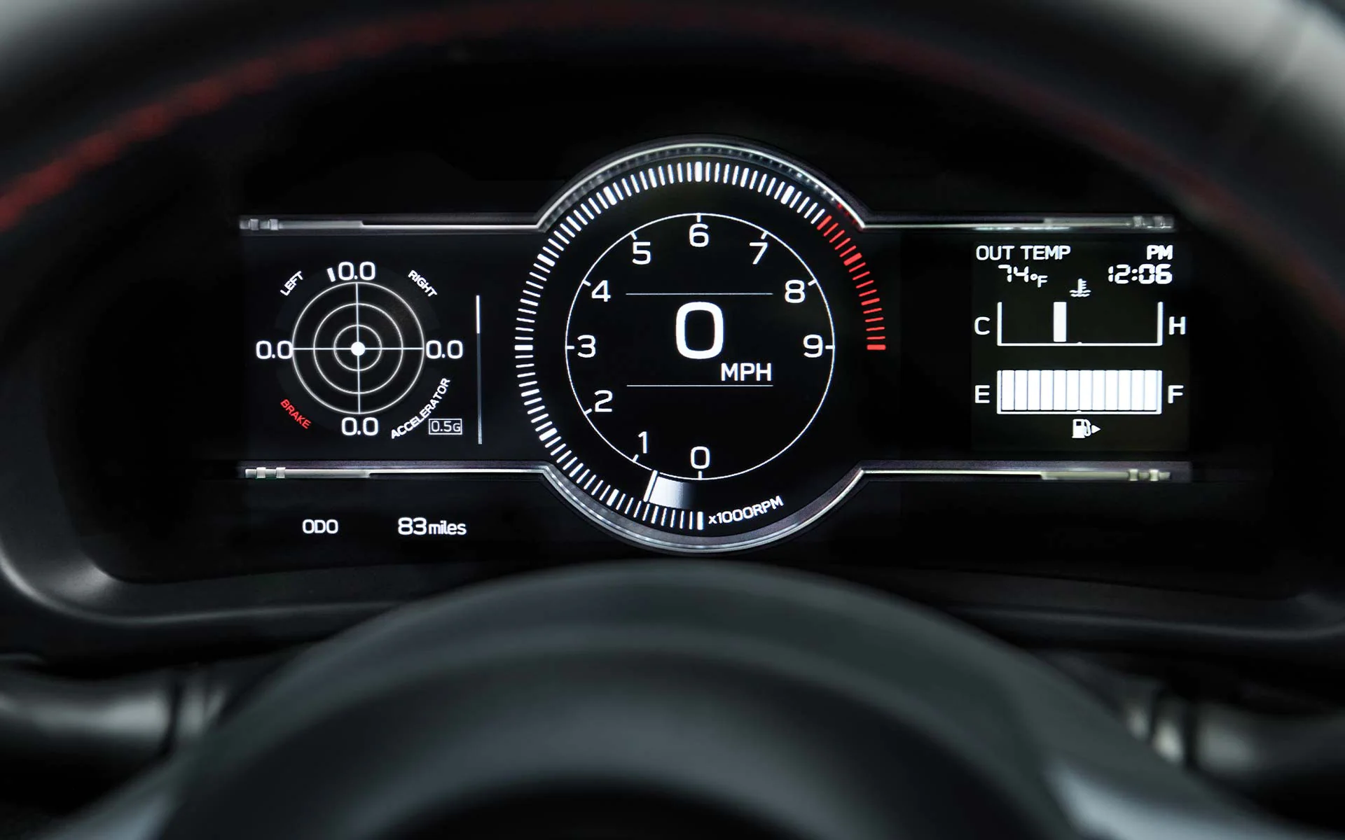 A close up of the digital instrument cluster in the 2022 Subaru BRZ.