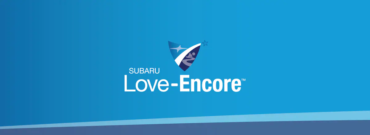 Subaru Love Encore logo on a blue background with accent blue at the bottom. 